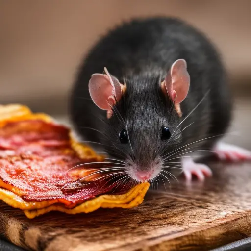 detailed photo of rat eating bacon