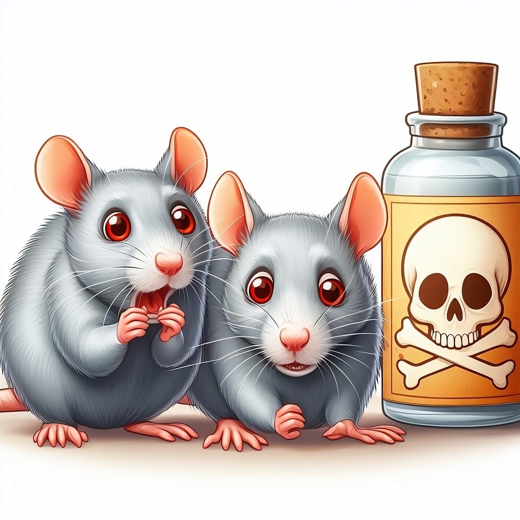 Two gray rats next to a bottle of poison.