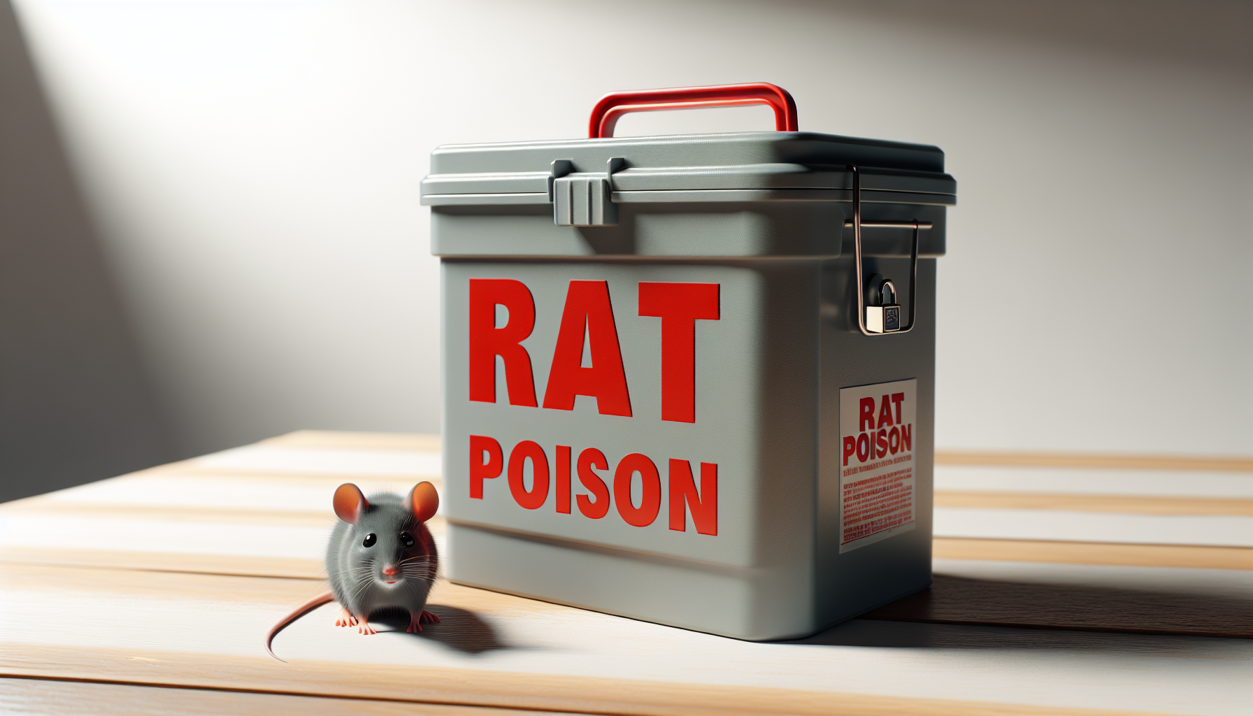 A rat poison container with a mouse next to it.