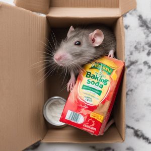 A rat in a cardboard box with a can of baking soda.
