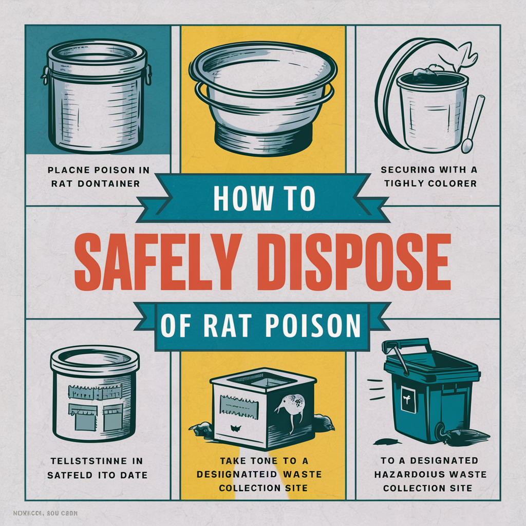 Instructional graphic on safely disposing of rat poison, showing steps: place in a container, secure the lid, mark it, take it to a designated waste collection site, dispose at a hazardous waste site.